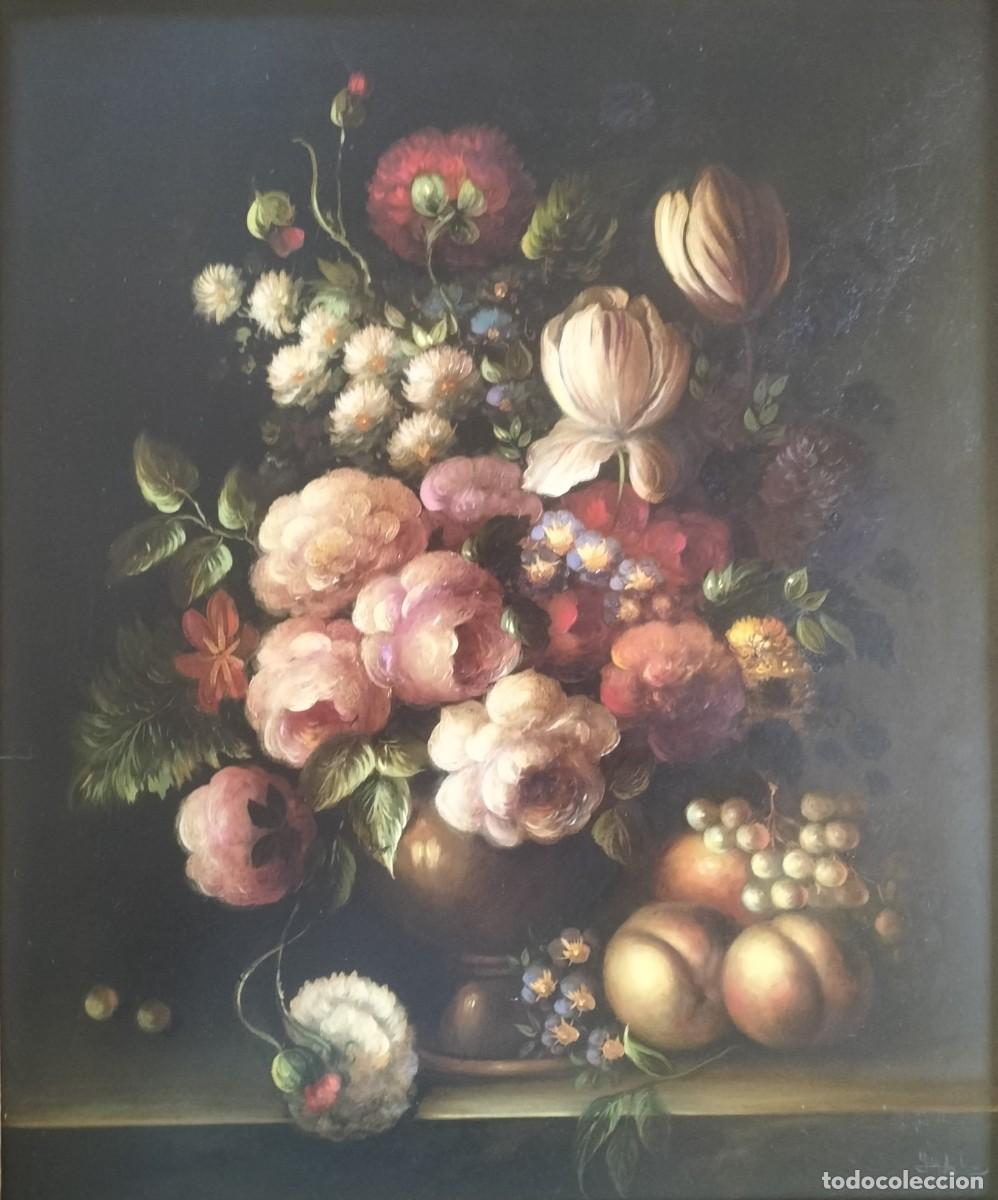 Arte: &Oacute;leo sobre Cobre &ndash; Florero Barroco y Frutas - J. M. Angulo (Esc. Cordobesa c. 1988)
