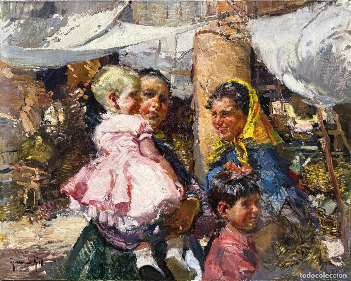 Arte: Ignacio Gil Sala (1913-2003). &Oacute;leo original. Mujeres y ni&ntilde;os en Ibiza. Impresionismo espa&ntilde;ol a&ntilde;os 60