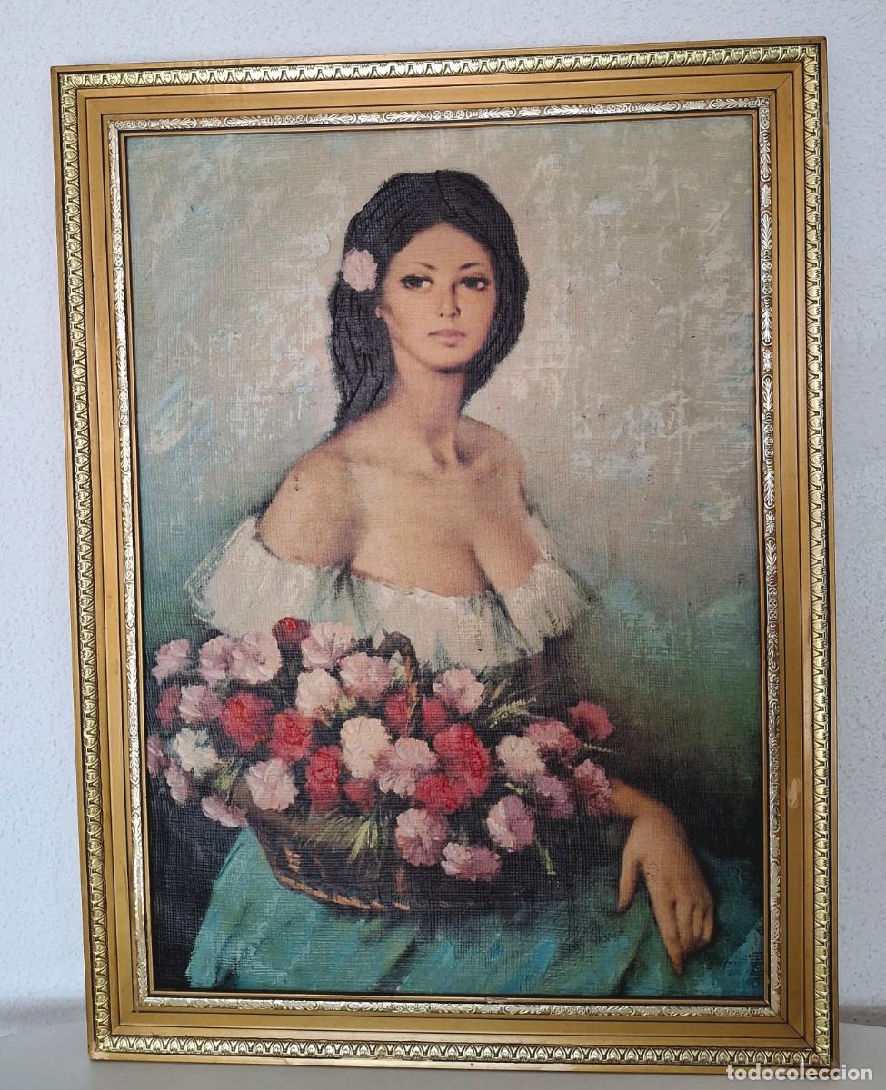 Arte: Gran &oacute;leo pintura relieve al tacto lienzo retrato mujer flores autor sin determinar 80cm x 60cm