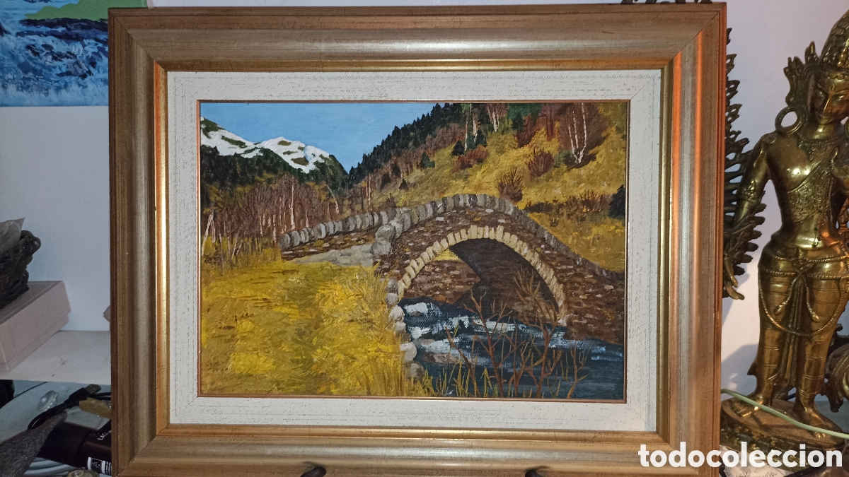 Arte: Un precioso cuadro &oacute;leo sobre lienzo el puente del r&iacute;o en la monta&ntilde;a 49/39 cm