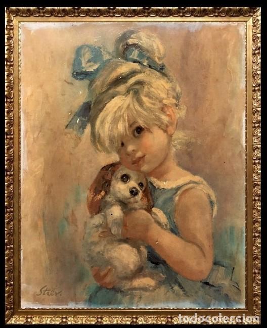 Arte: Adorable retrato de ni&ntilde;a con perrito - Escuela francesa (C. 1950)