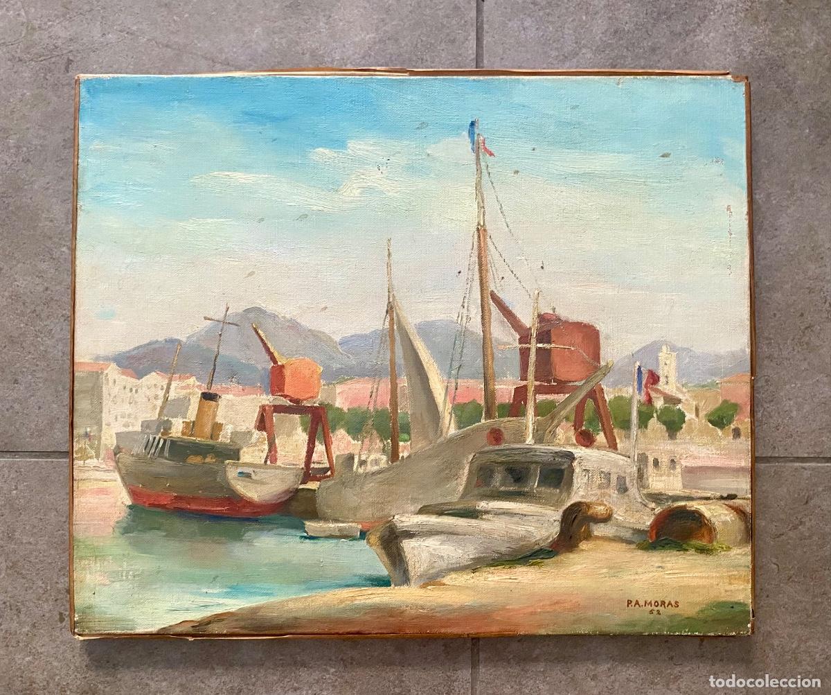 Arte: Paul Albert Moras, puerto con barcas, 1952, pintura al &oacute;leo sobre tela, firmada.
