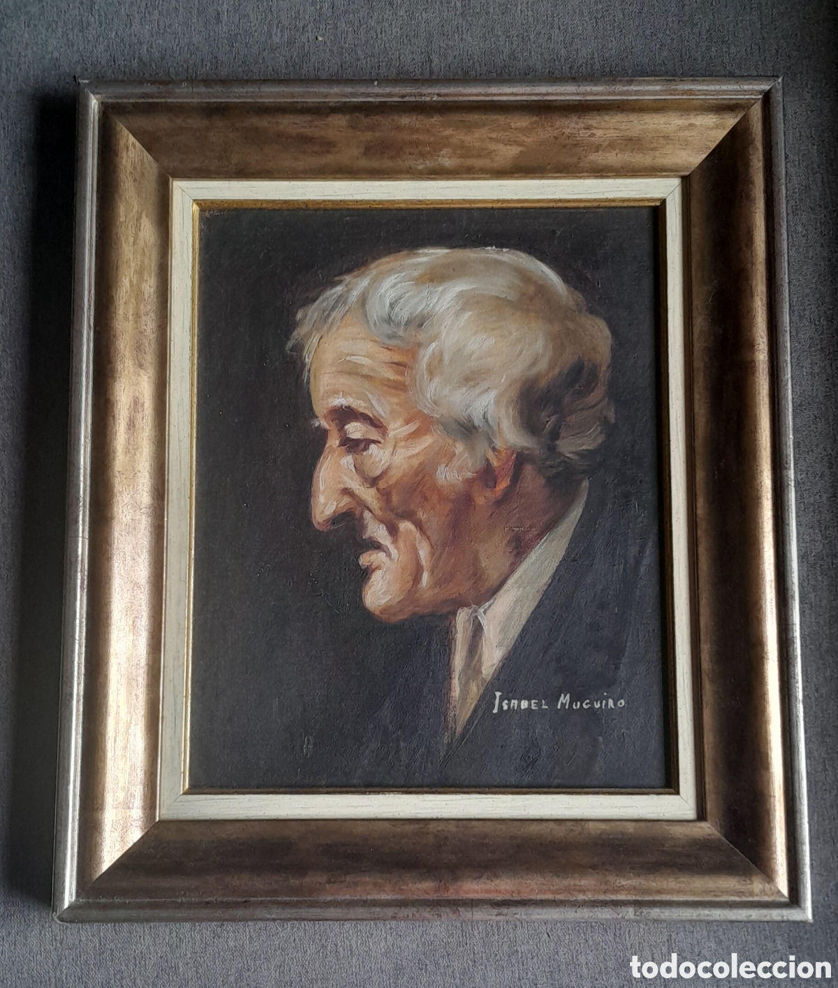 Arte: &Oacute;leo sobre lienzo / tabla - Retrato de perfil de anciano - Firmado Isabel Muguiro