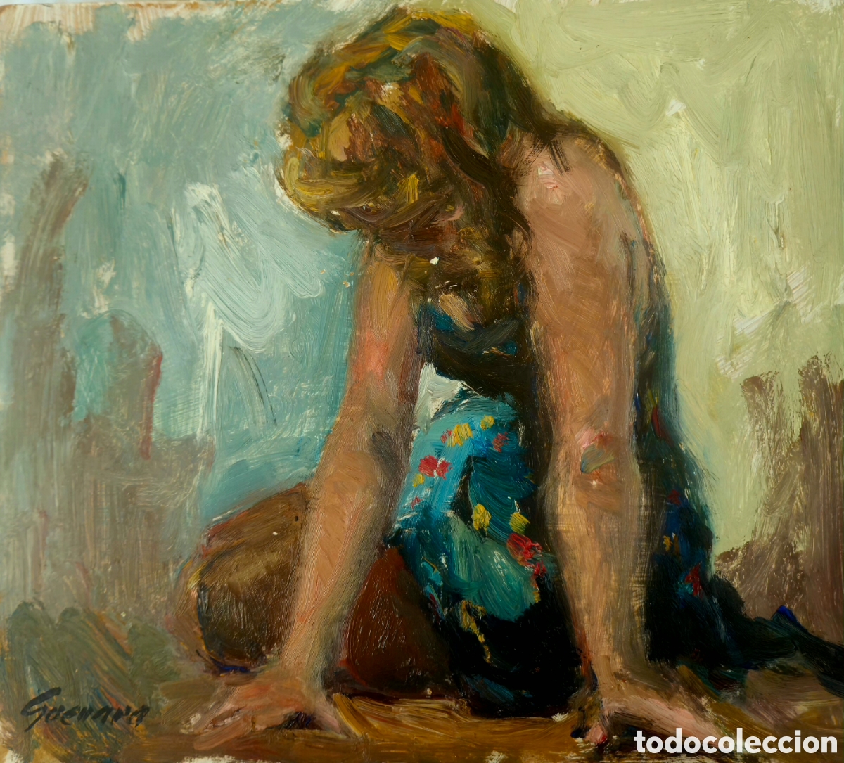 Arte: Jos&eacute; Guevara (M&aacute;laga 1930-2017) pintura original chica posando, firmada.