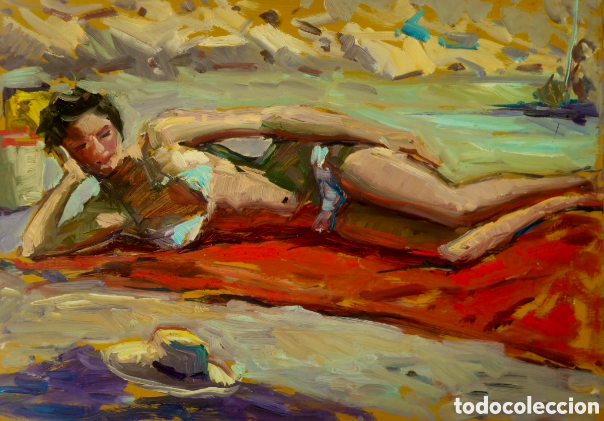 Arte: Jos&eacute; Guevara (M&aacute;laga 1930-2017) pintura mujer playa, sin firma.