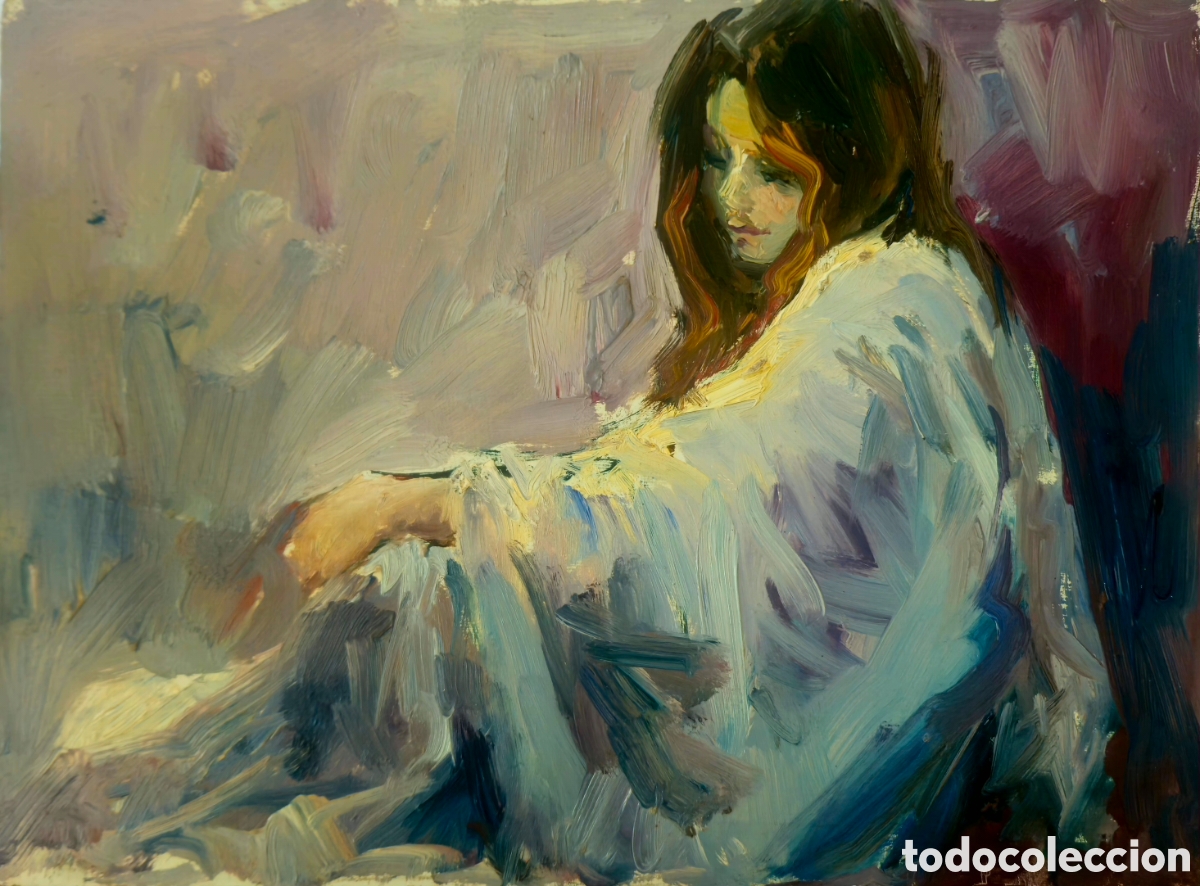 Arte: Jos&eacute; Guevara (M&aacute;laga 1930-2017) pintura chica posando, sin firma.