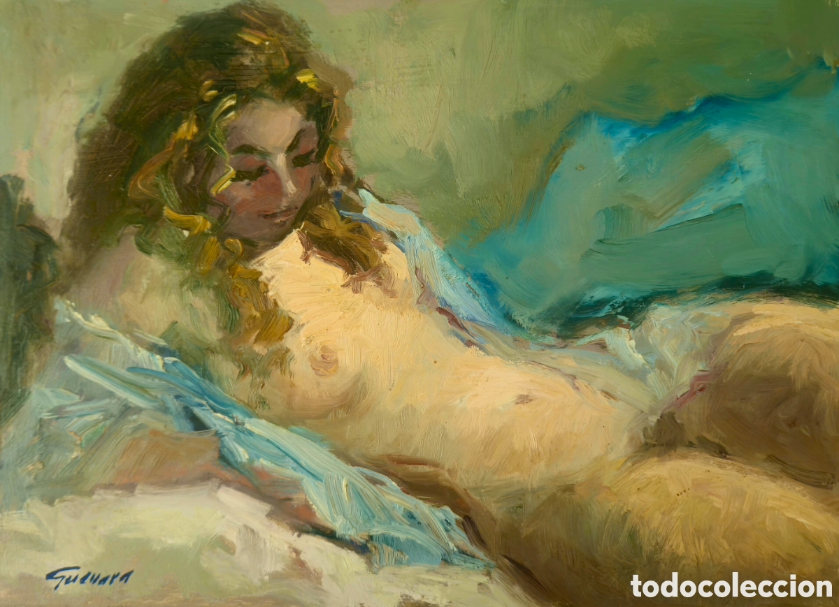 Arte: Jos&eacute; Guevara (M&aacute;laga 1930-2017) pintura precioso desnudo, firmada.