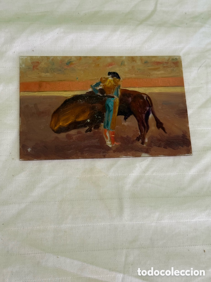 Arte: Antigua pintura taurina al &oacute;leo sobre cristal &ndash; Torero y toro . Colecci&oacute;n Arturo Cabezas Mart&iacute;nez