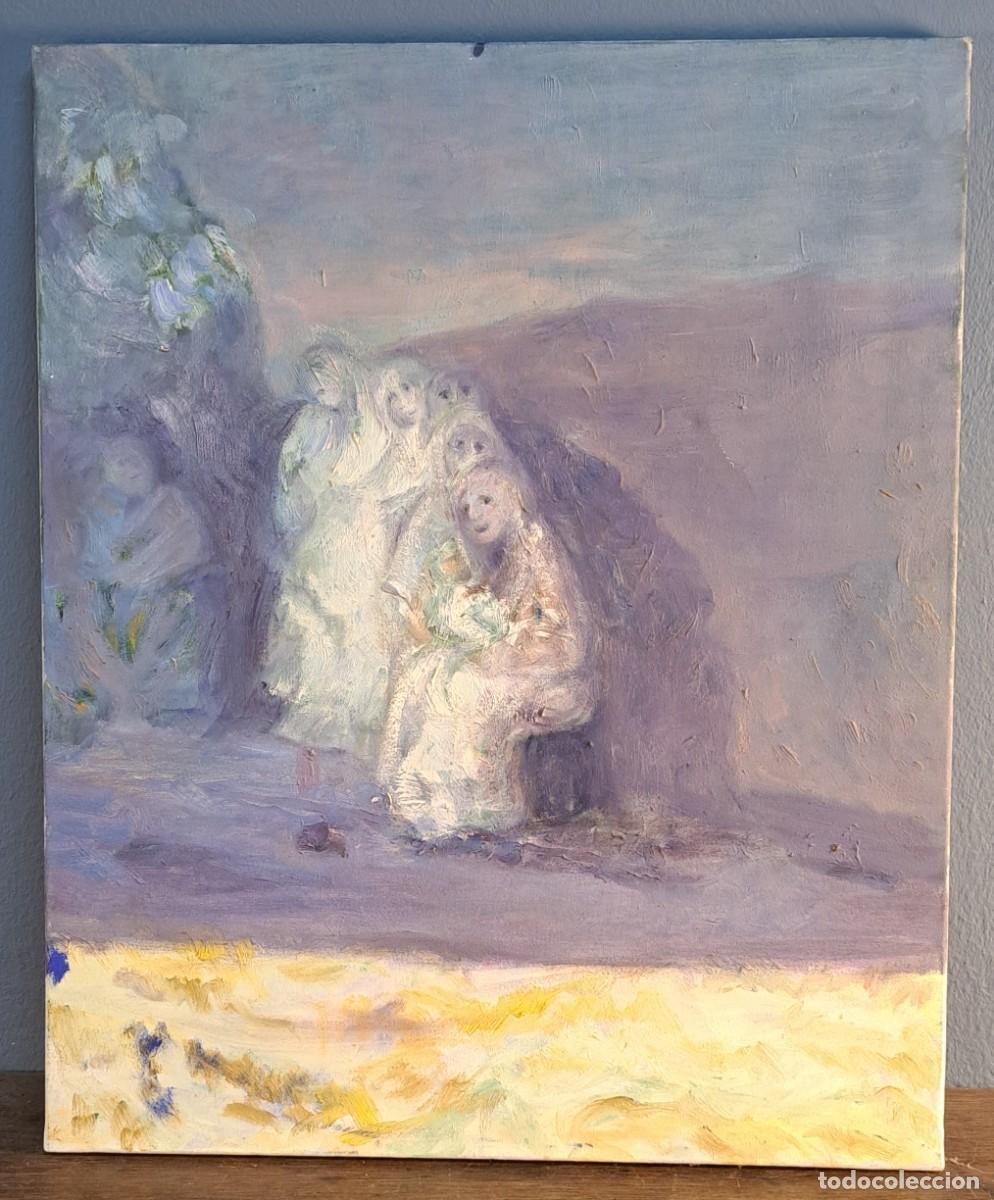Arte: &Oacute;leo sobre lienzo. Escena figurativa de maternidad. Siglo XX