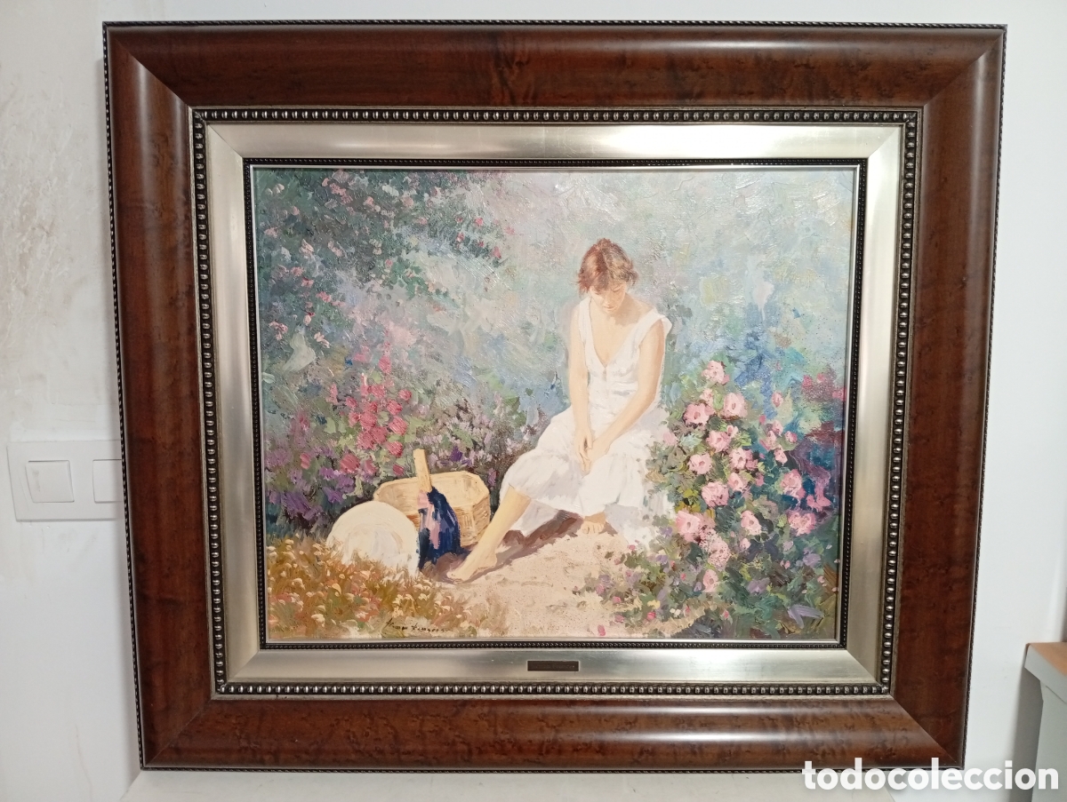 Arte: Rom&aacute;n Franc&eacute;s - Joven con vestido blanco en el jard&iacute;n - 73 x 84 cm