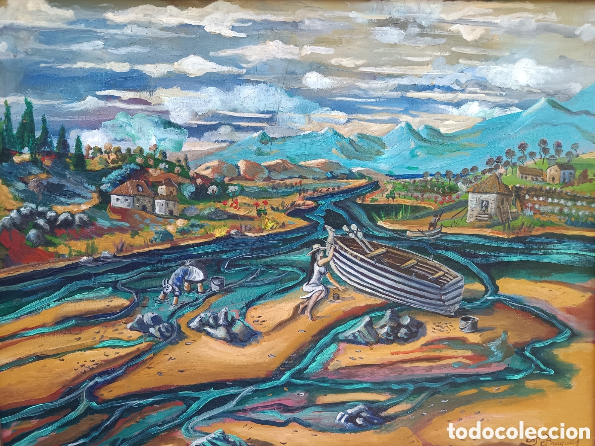 Arte: Casimiro Fraguas pintura al oleo cuadro escena de la costa firmado Cas Fraguas