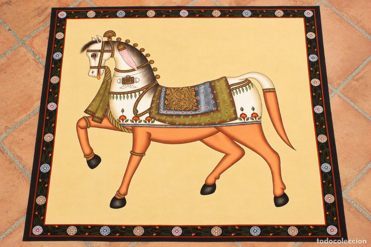 Arte: Grande tela dipinta a mano proveniente dall'India, 128&times;123 cm | Cavallo orientale | Pezzo unico