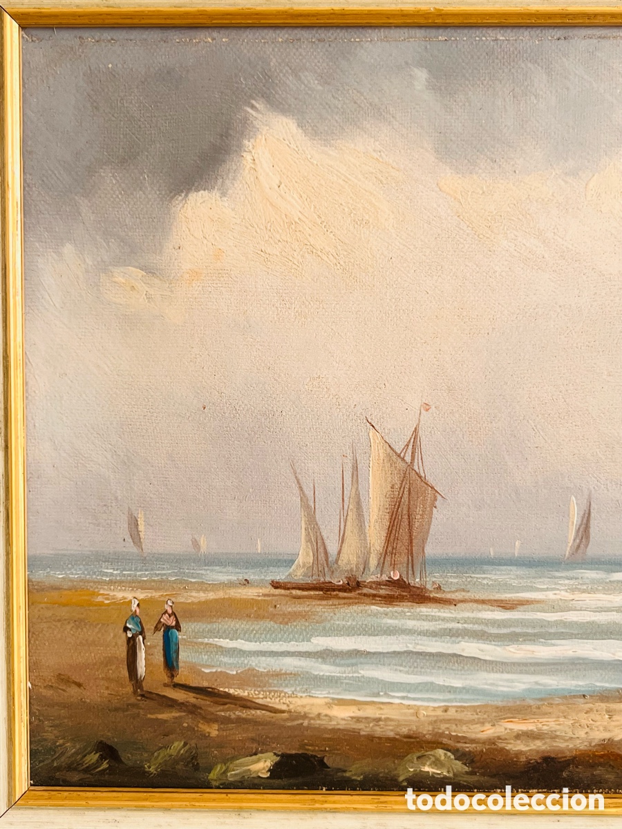 Arte: Cuadro antiguo &oacute;leo sobre lienzo: Barcos - Foto 2