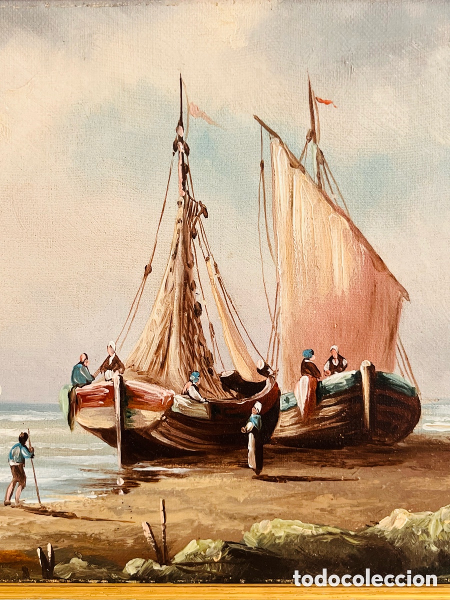 Arte: Cuadro antiguo &oacute;leo sobre lienzo: Barcos - Foto 3