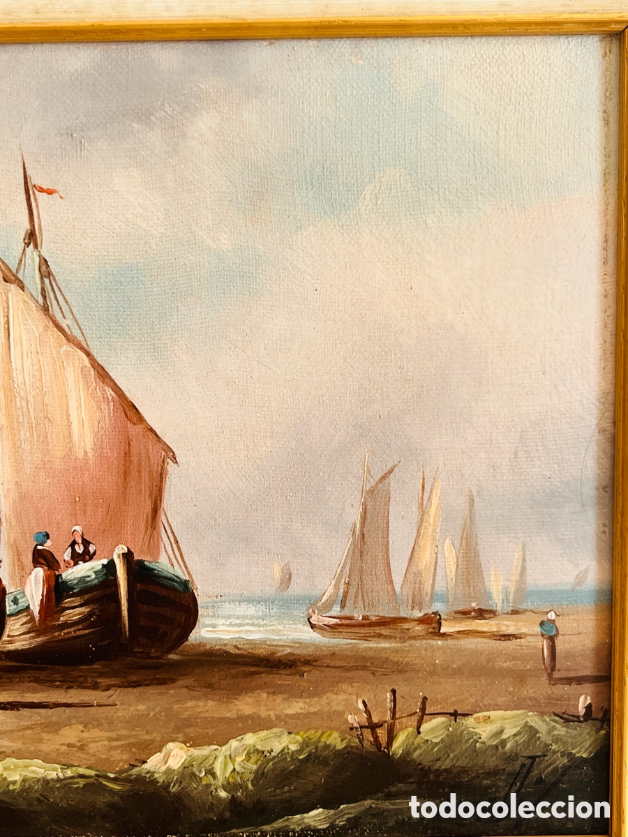 Arte: Cuadro antiguo &oacute;leo sobre lienzo: Barcos - Foto 4