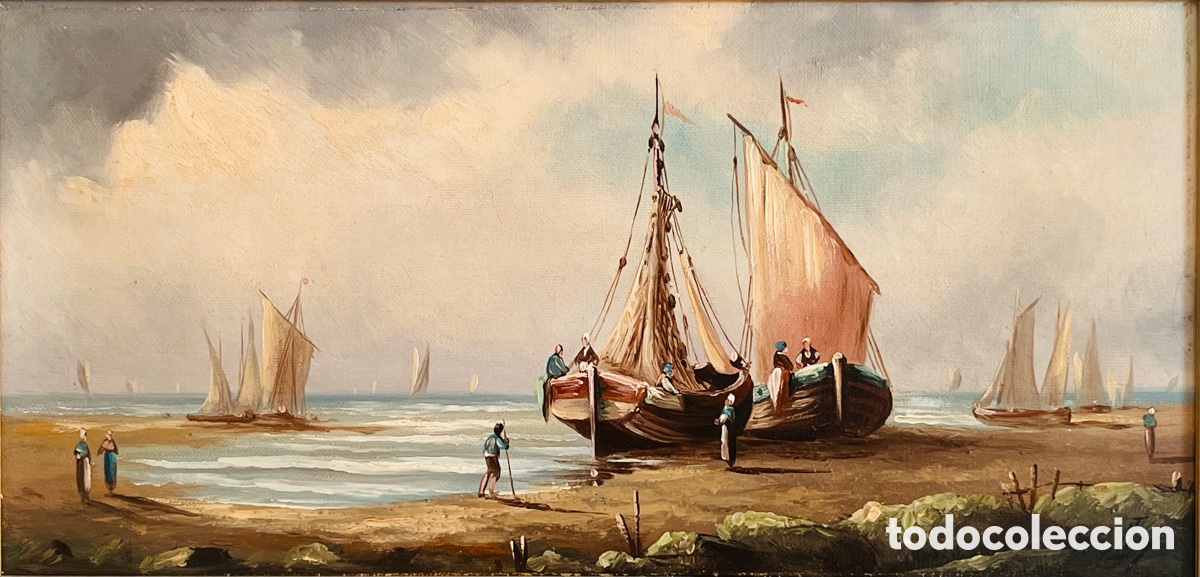 Arte: Cuadro antiguo &oacute;leo sobre lienzo: Barcos - Foto 5