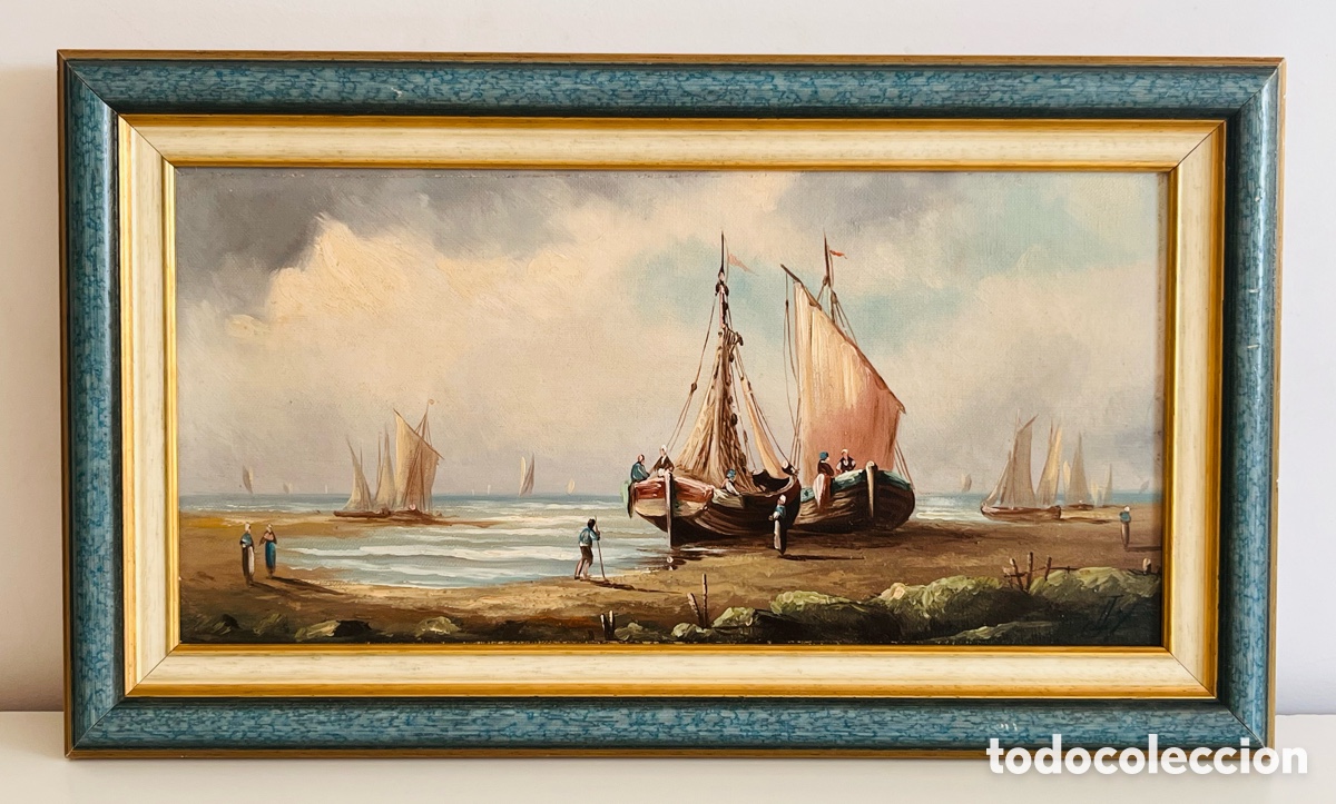 Arte: Cuadro antiguo &oacute;leo sobre lienzo: Barcos - Foto 1