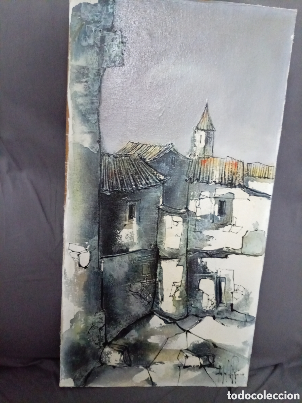 Arte: Antiguo cuadro, firmado. Tela sobre tabla. Mide 60 x 31 cm. Casas de pueblo y torre. Echo con pasta.