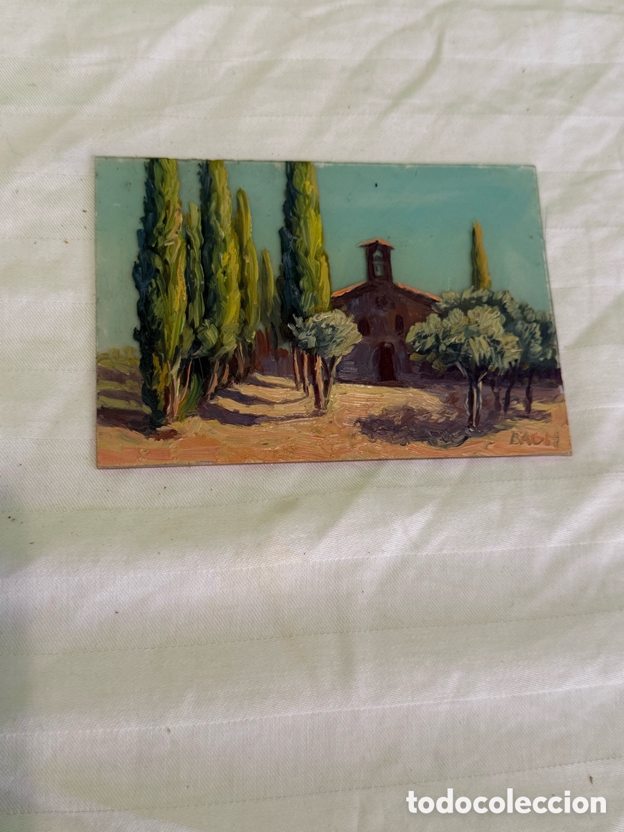 Arte: &Oacute;leo sobre cristal firmado BACH &ndash; Paisaje con ermita &ndash; Siglo XX &ndash; Colecci&oacute;n Arturo Cabezas Mart&iacute;nez