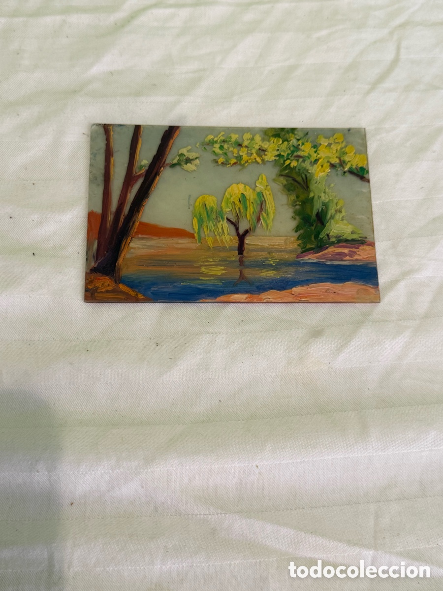 Arte: &Oacute;leo sobre cristal &ndash; Paisaje con r&iacute;o y sauces &ndash; Siglo XX &ndash; Colecci&oacute;n Arturo Cabezas Mart&iacute;nez