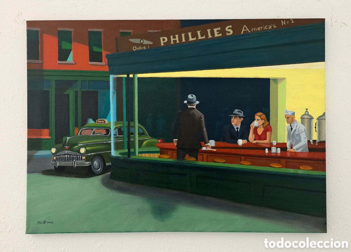 Arte: Segundo cuadro de la serie &rdquo;3 segundos &rdquo; Nighthawks de Edward Hopper. #pinturaal&oacute;leo #pintar
