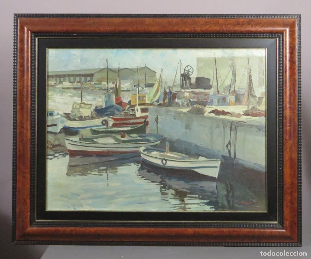 Arte: VISTA PUERTO PESQUERO BARCELONA. OLEO S/ LIENZO. Pascual Fresquet