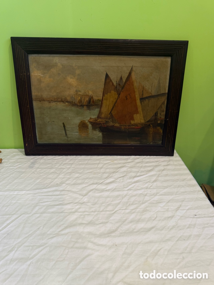 Arte: Bellini &ndash; Marina portuaria con veleros &ndash; &Oacute;leo sobre lienzo &ndash; Siglo XIX