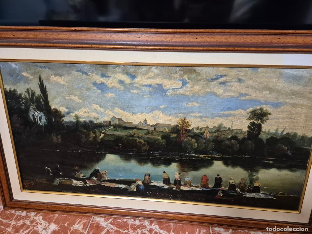 Arte: &Oacute;leo sobre lienzo, copia de Lavanderas de La Varenne de Mart&iacute;n Rico, firmado, enmarcado