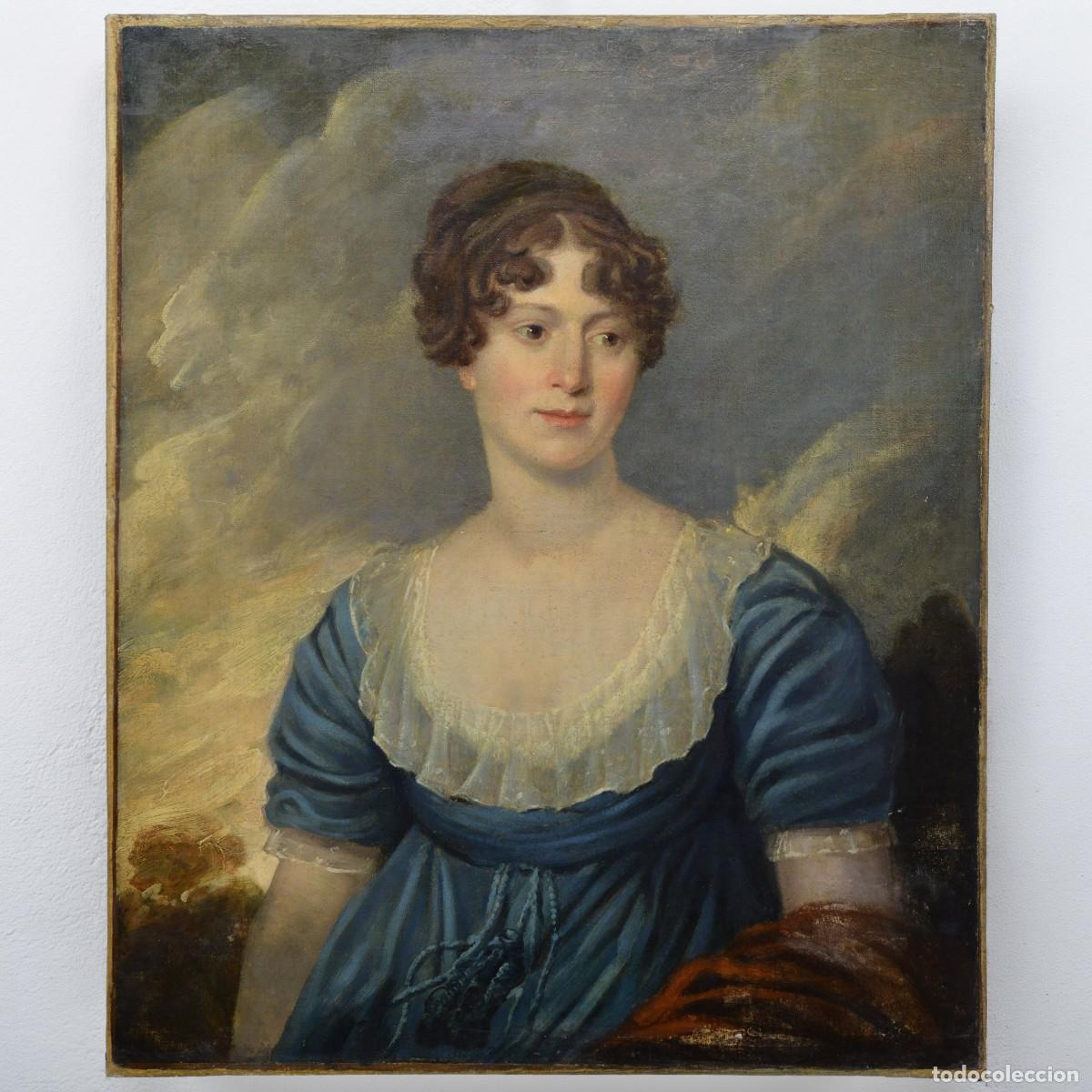 Arte: Early 19th Century Empire Romantic Portrait Noble Young Lady in Blue Oil Canvas