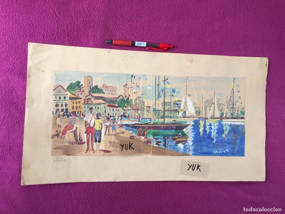 Arte: BONITO DIBUJO ORIGINAL DE LA COSTA AZUL (COTE D'AZUR) A&Ntilde;OS 60 - FIRMADO MU&Ntilde;OZ