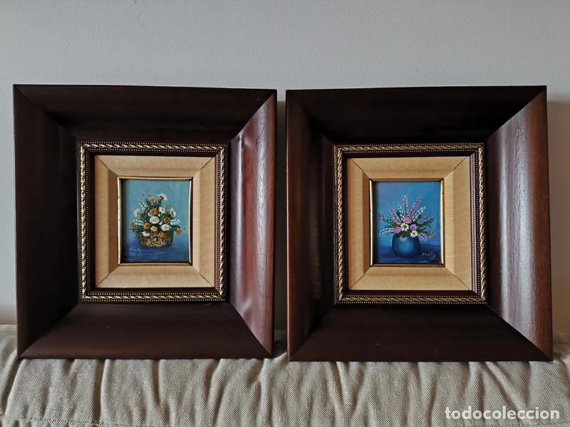 Arte: Pareja cuadros &oacute;leo flores marco madera