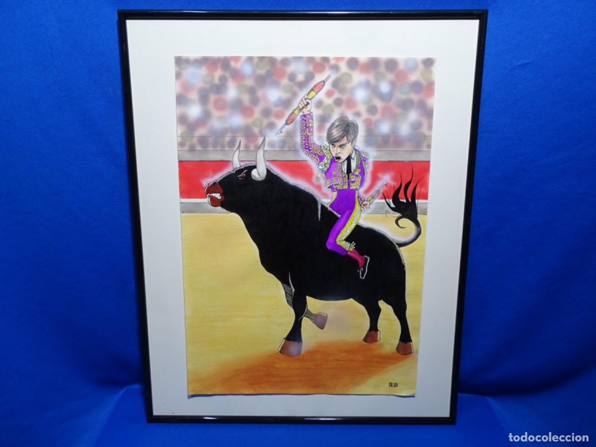 Kunst: T&Eacute;CNICA MIXTA SOBRE PAPEL FIRMADO PERE. TORERO SOBRE TORO.