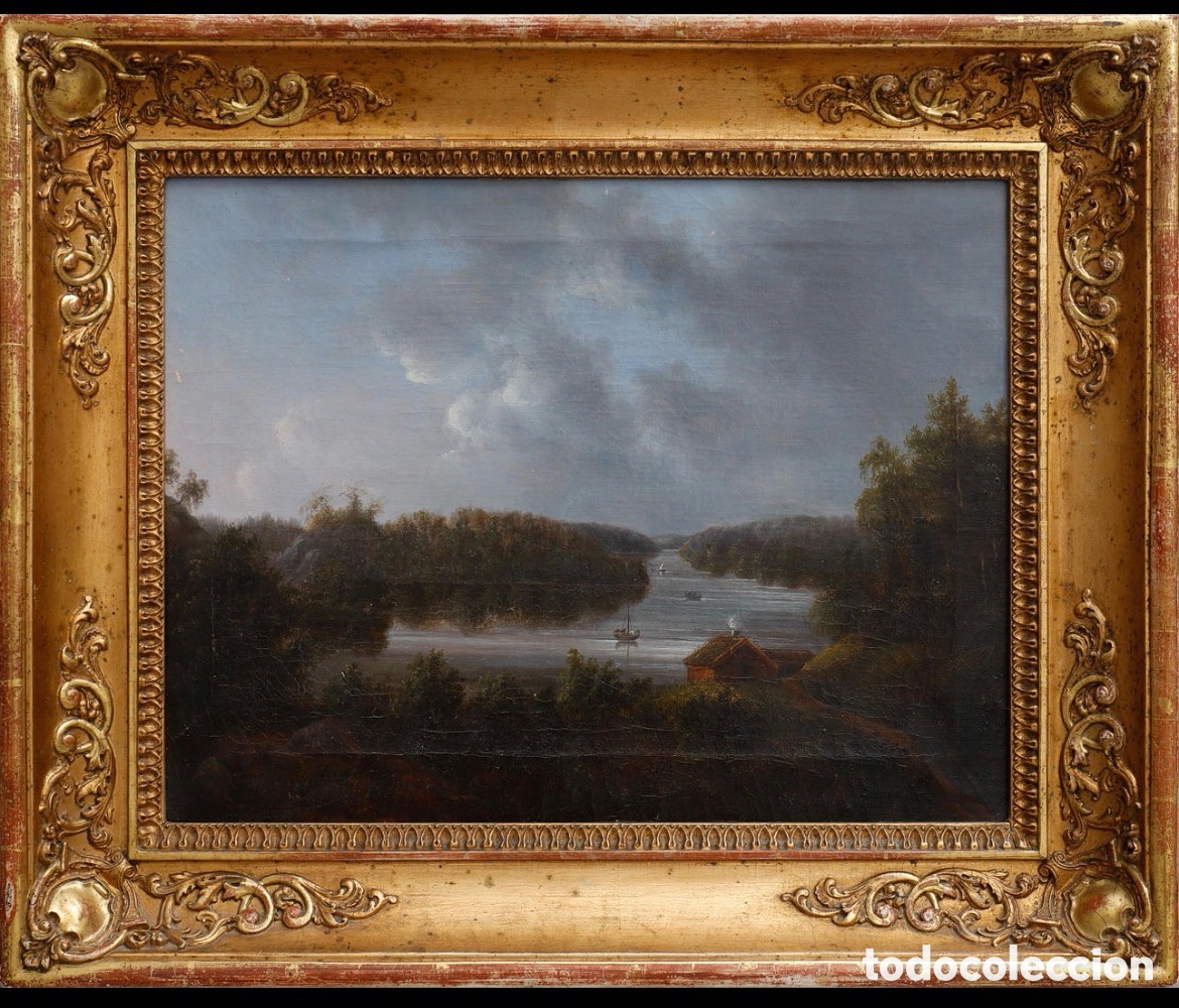 Art: &Oacute;LEO ROM&Aacute;NTICO SUECO 1849 Monogramista E.A.W. - FIORDO CON VELEROS Y CABA&Ntilde;A 30x40 cm.