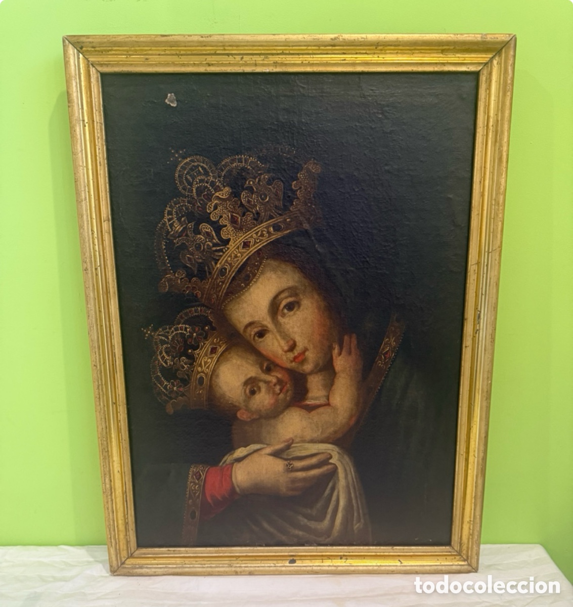 Kunst: ESCUELA COLONIAL SIGLO XVIII O ANTERIOR &ndash; VIRGEN DE BEL&Eacute;N &ndash; &Oacute;LEO SOBRE LIENZO REENTELADO