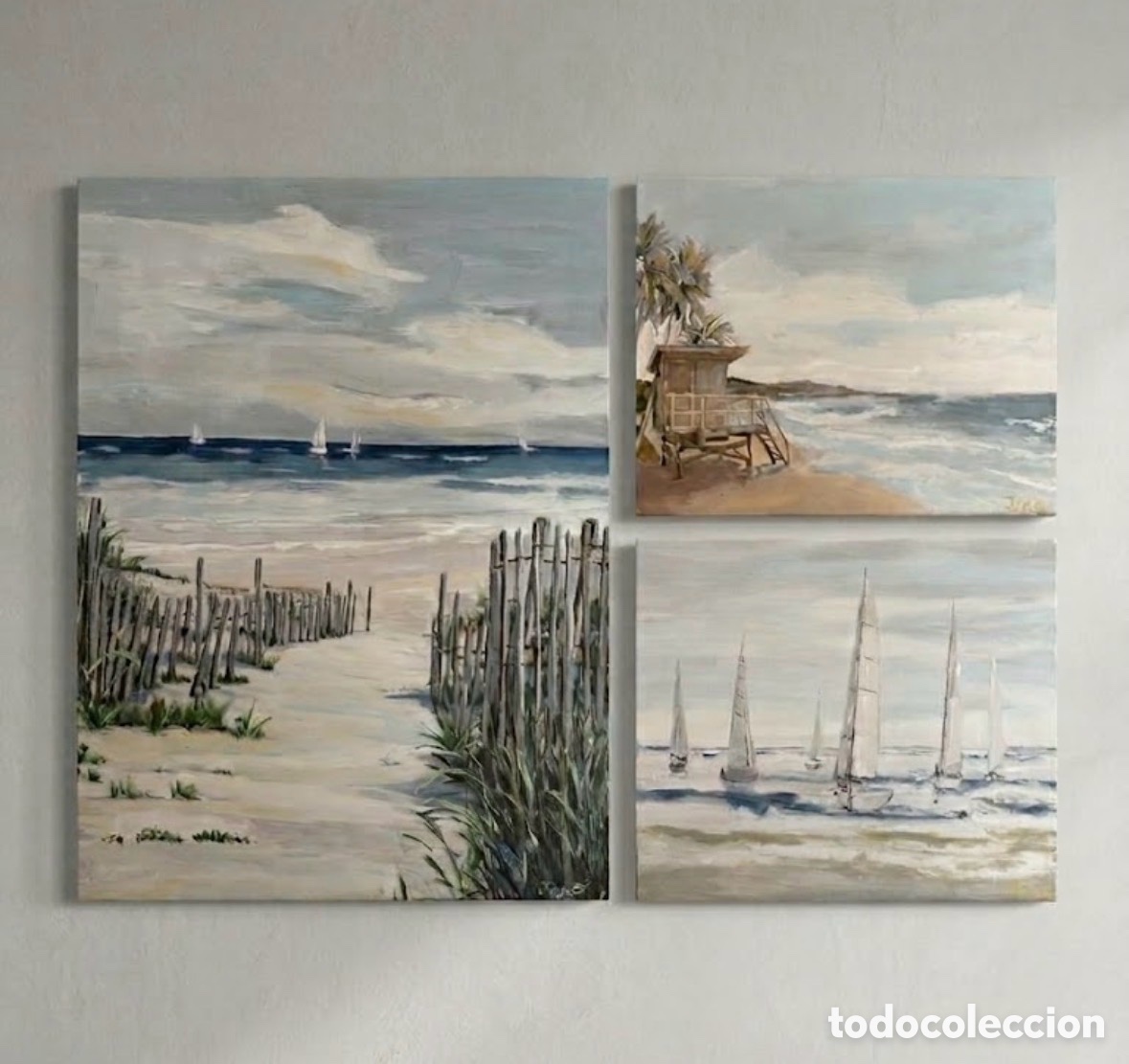Arte: Tr&iacute;ptico pintado a mano en acr&iacute;lico de playa - Foto 1