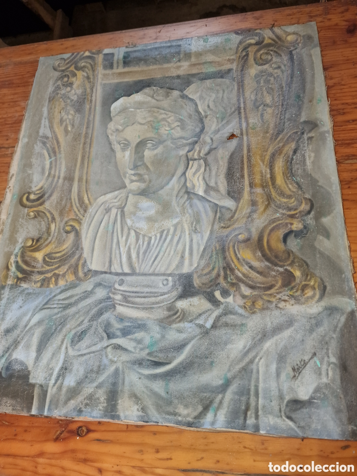 Kunst: Antiguo cuadro lienzo pintado y firmado,medidas 60x50 aprox,para restaurar