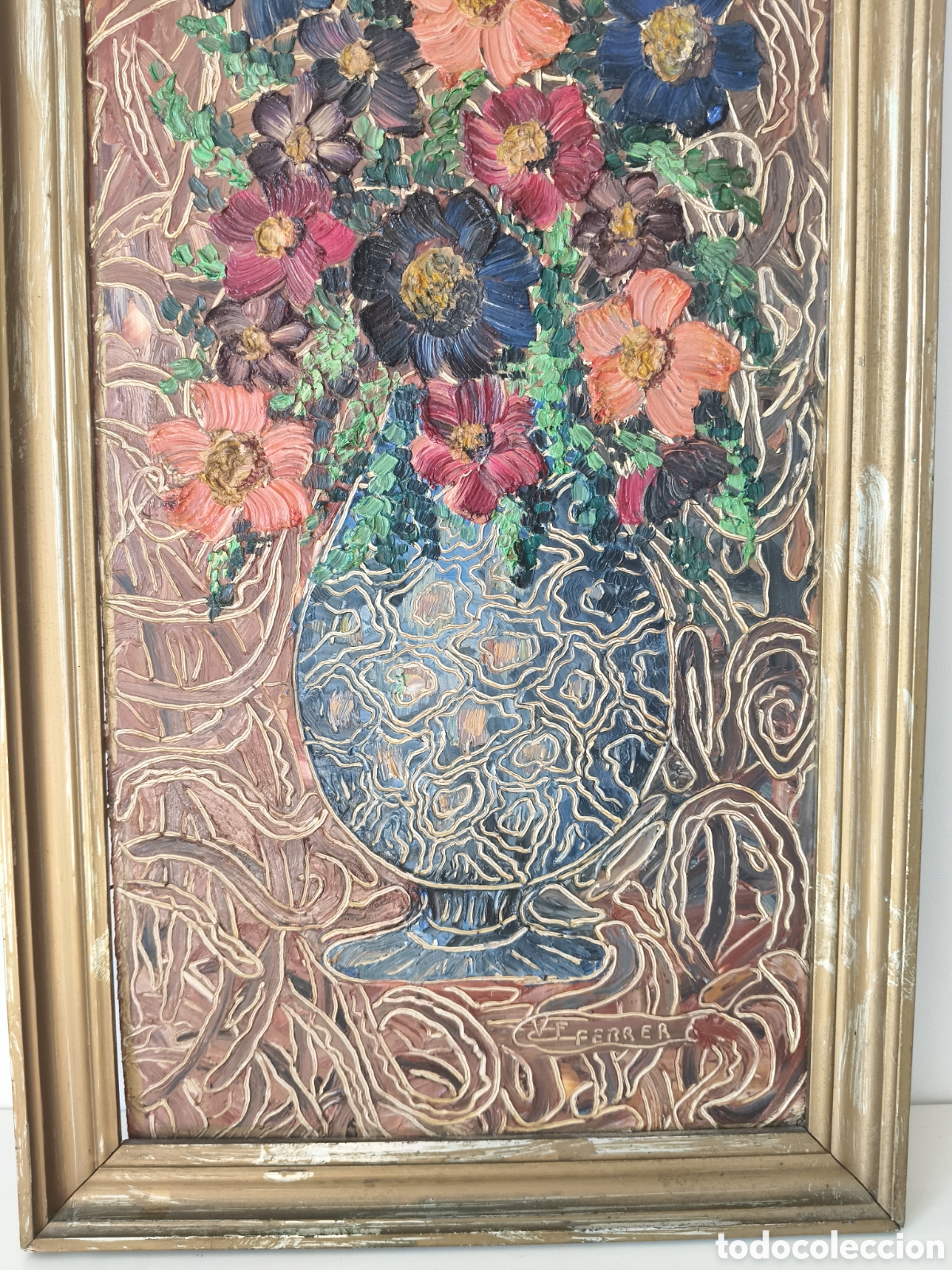 Kunst: Antiguo oleo sobre tablex firmado VF Ferrer cuadro bodeg&oacute;n de flores