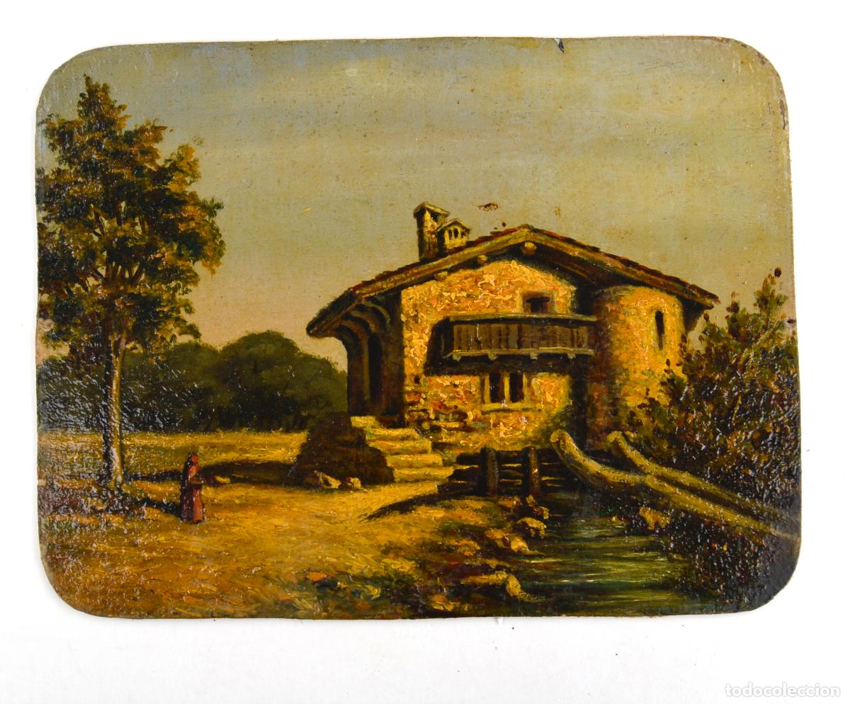 Arte: Paisaje rural con casa, pintura al &oacute;leo sobre cart&oacute;n, primera mitad del siglo XX, sin firmar.