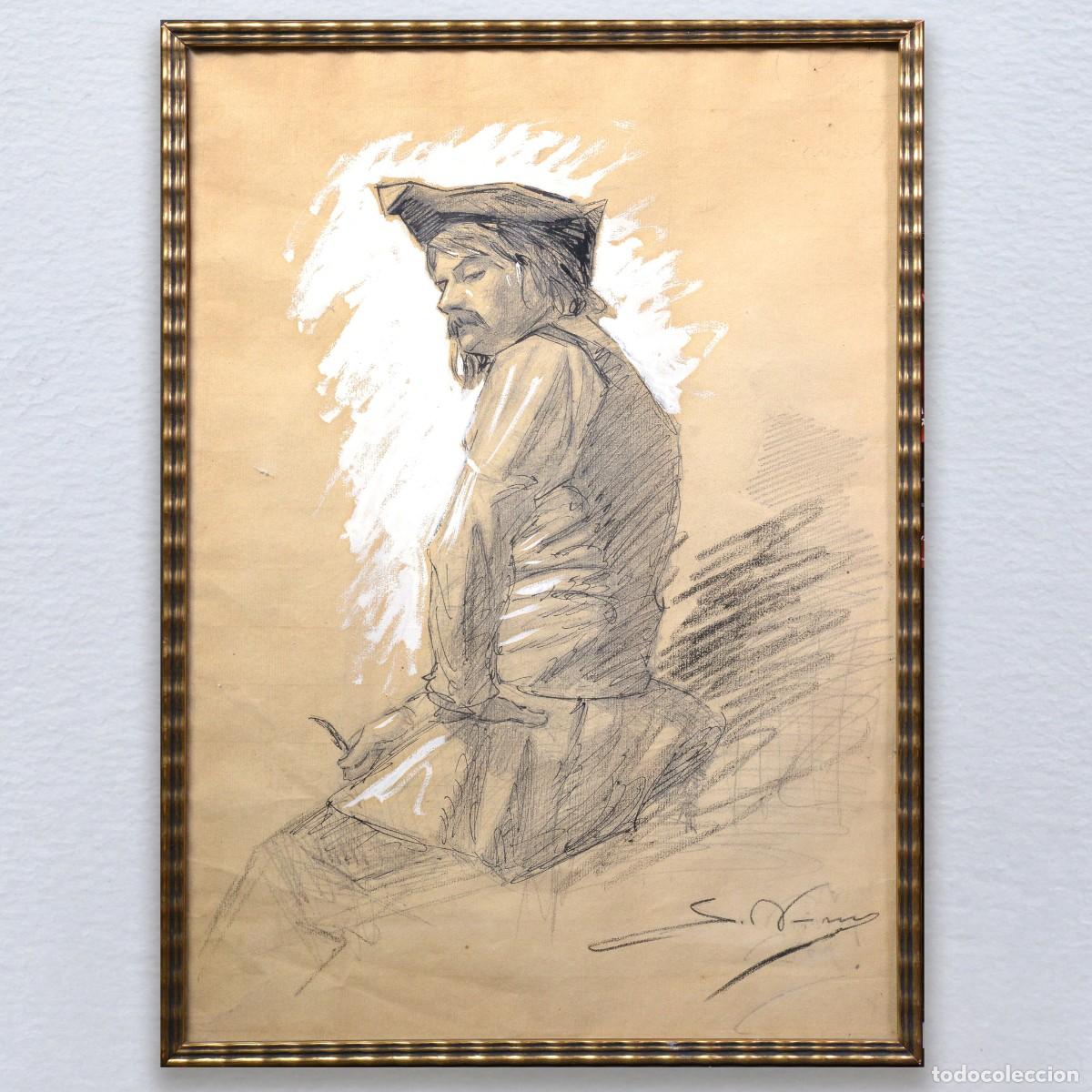 Arte: Late 19th Century European Portrait Drawing Man in Tricorn Mixed Media Signed