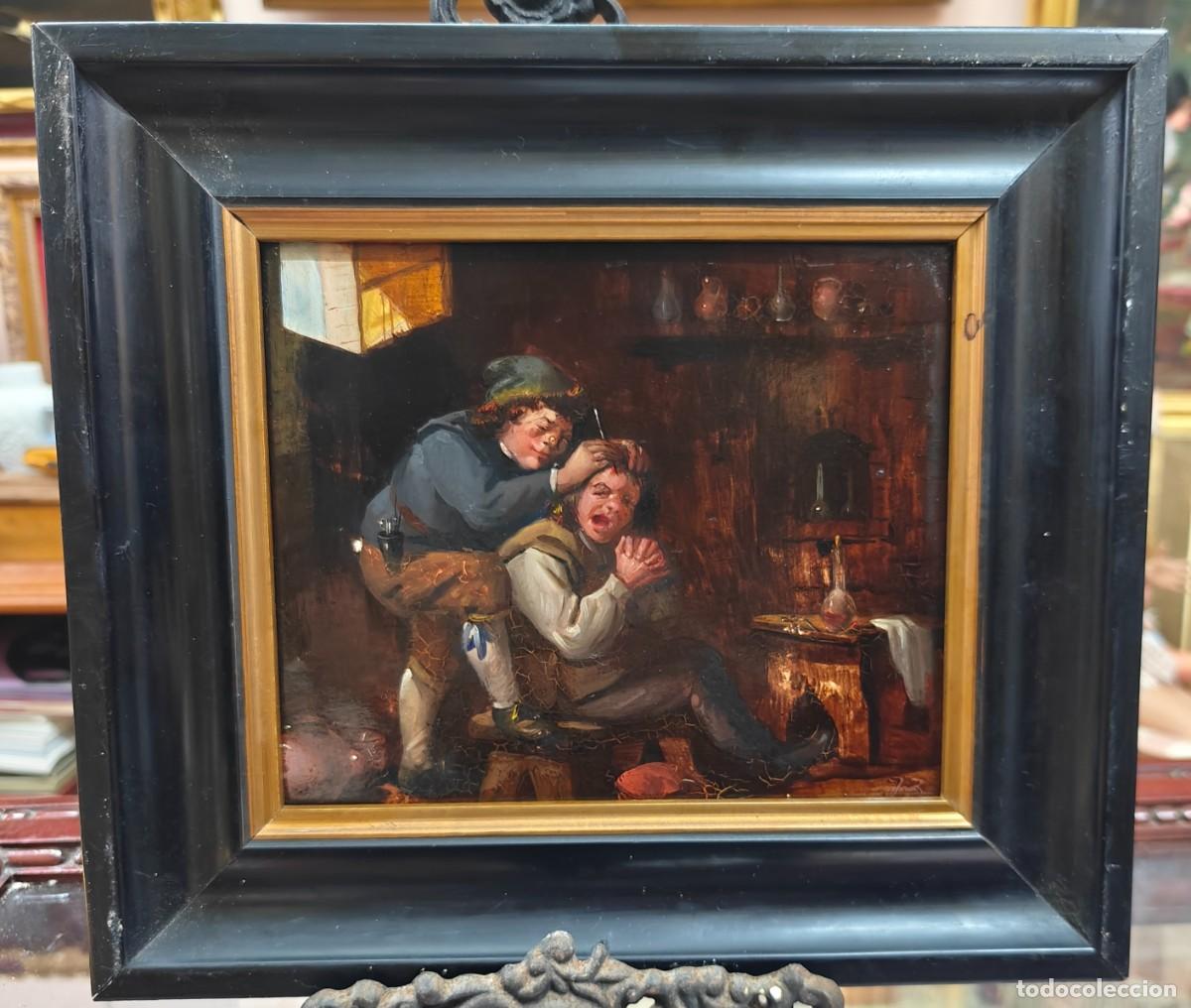 Arte: &Oacute;leo sobre tabla s. XIX - Escena costumbrista de g&eacute;nero / Barbero cirujano o extracci&oacute;n de la locura