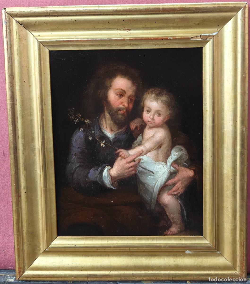 Kunst: &Oacute;leo sobre tabla de caoba s. XIX - San Jos&eacute; con el Ni&ntilde;o Jes&uacute;s / Marco dorado en oro fino