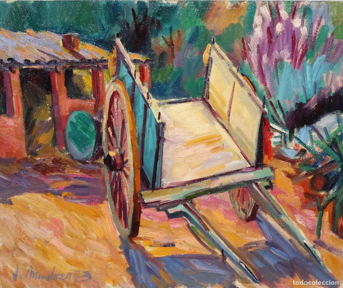 Arte: JUAN MENDOZA MARRUEDO (Sisam&oacute;n, Zaragoza, 1929 - ??) OLEO SOBRE TABLERO. PAISAJE CON CARRO