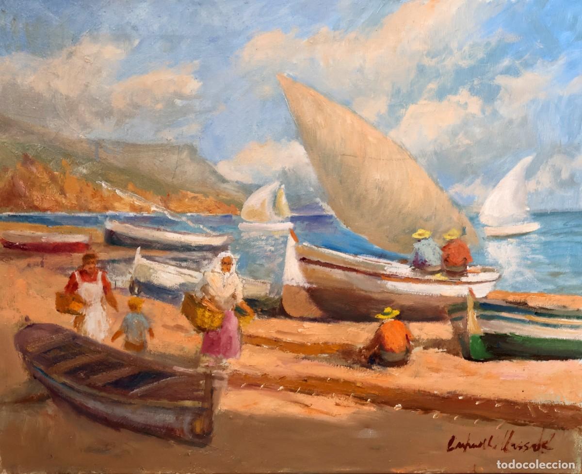 Art: FRANCESC CARBONELL MASSABE (1928) OLEO SOBRE TELA. ESCENA CON PESCADORES