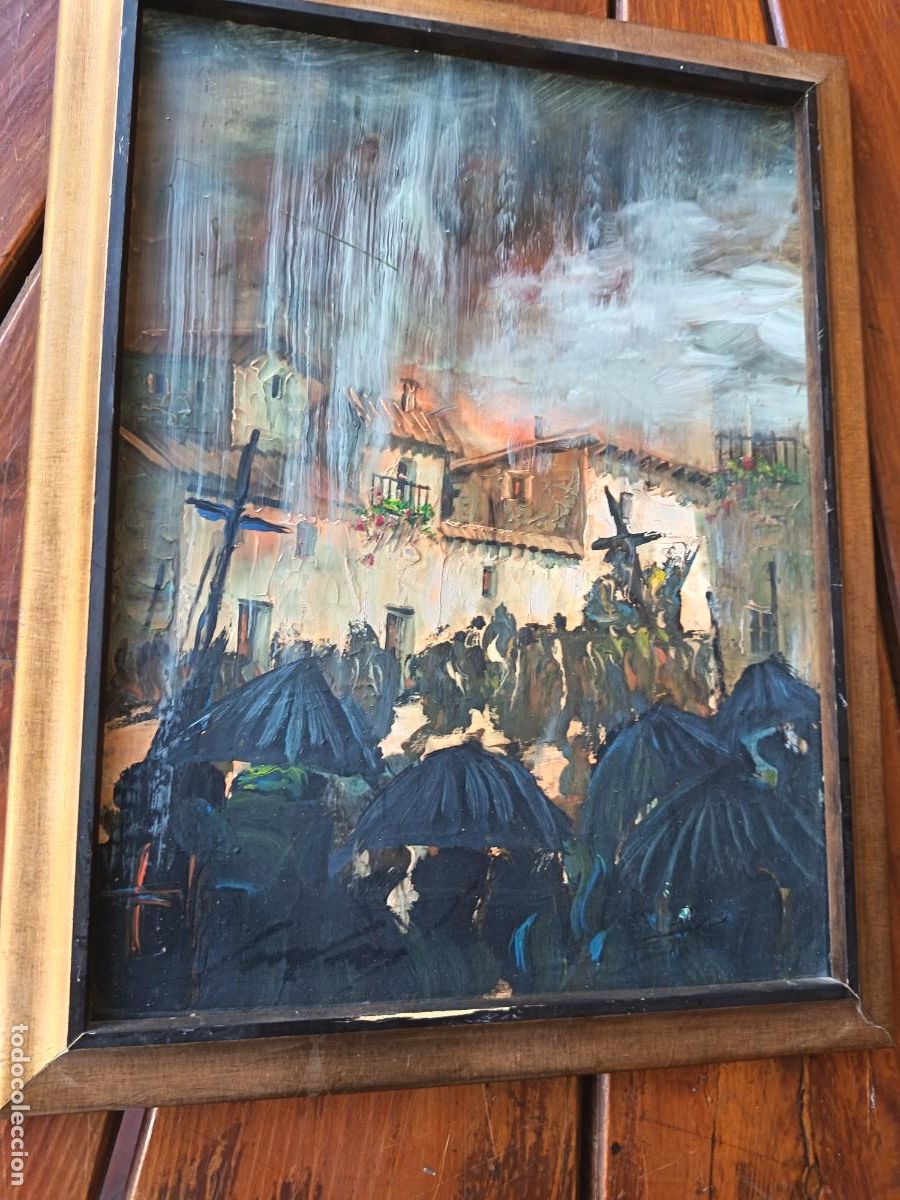 Art: ANTIGUO OLEO SOBRE TABLA. ESCENA DE PROCESION. FIRMA SIN IDENTIFICAR. 36 X 46 CM MEDIDAS CON MAR