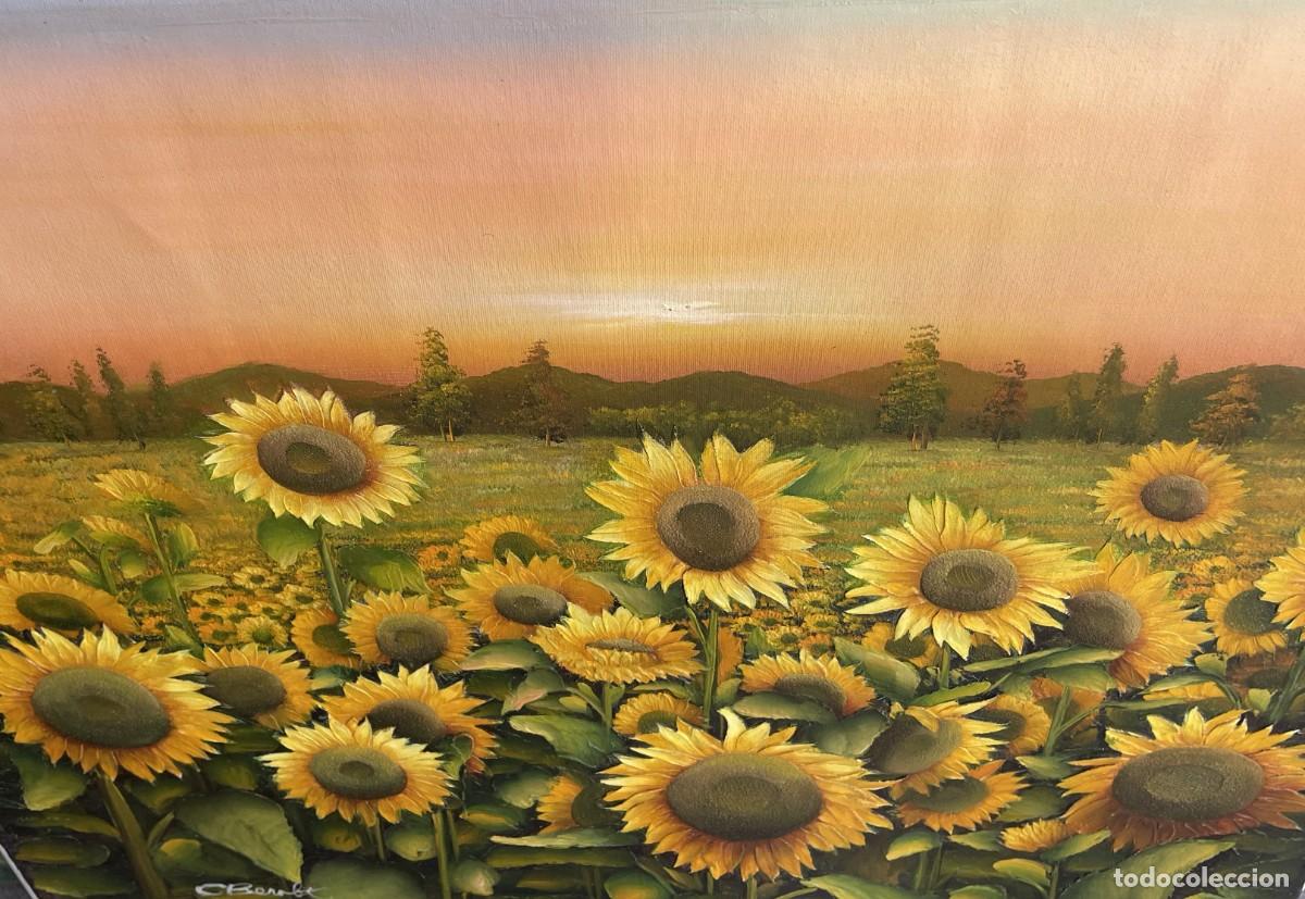 Arte: Pintura de paisaje que retrata un extenso campo de girasoles, firmado por &rdquo;Cbenabe&rdquo; 60*50