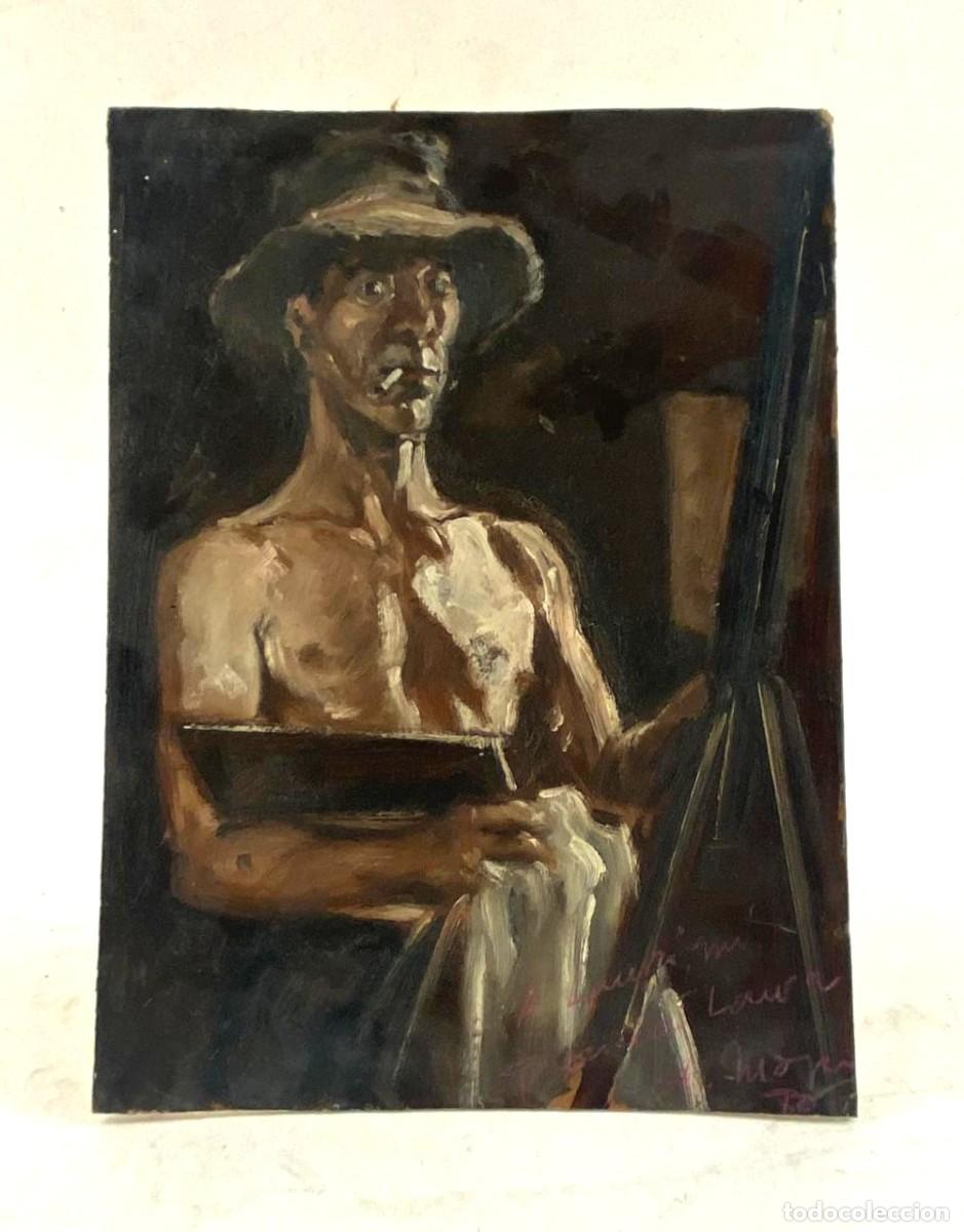 Art: Artista pintando con caballete, pintura al &oacute;leo sobre cart&oacute;n, firmado, artista por identificar.