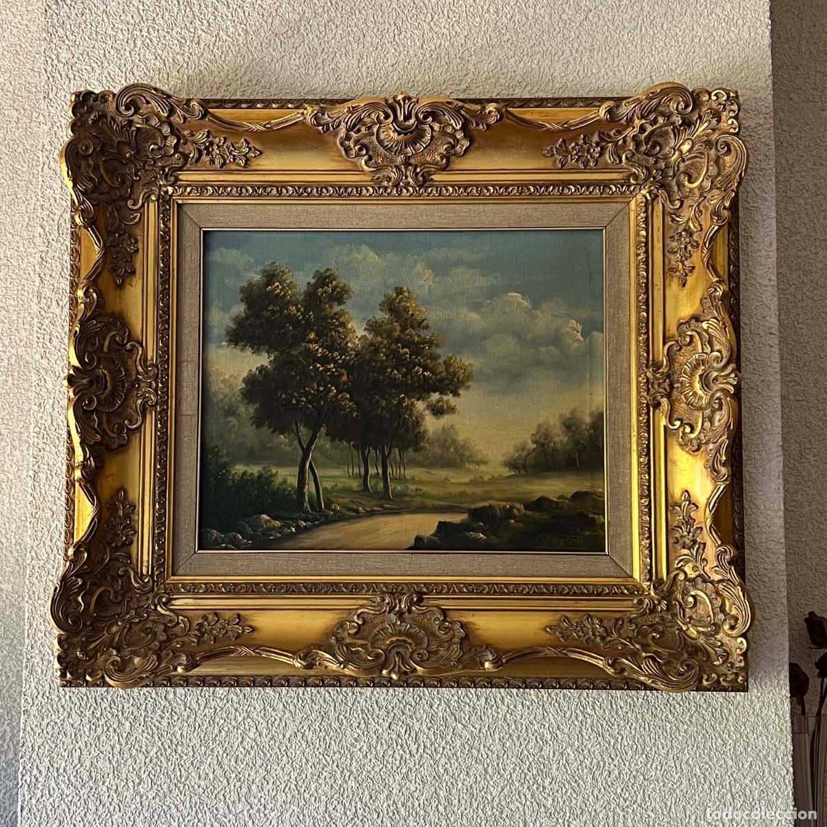 Arte: &Oacute;leo sobre Lienzo S. XX - Paisaje con &Aacute;rboles - Firmado G. Pastor - Marco Barroco Dorado