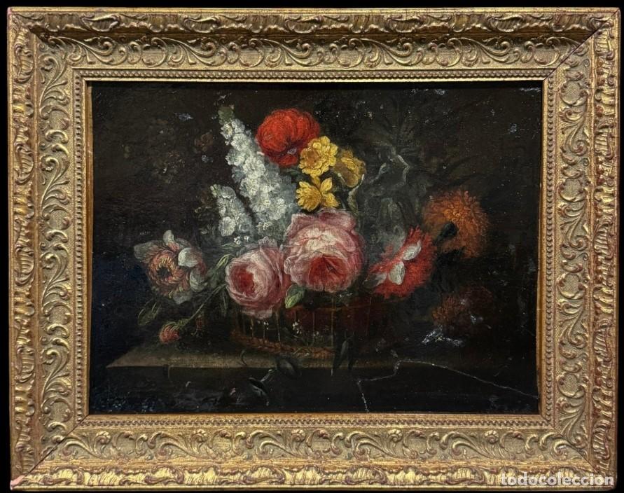 Arte: Elegante cesta de flores - Escuela barroca espa&ntilde;ola (c. 1700)