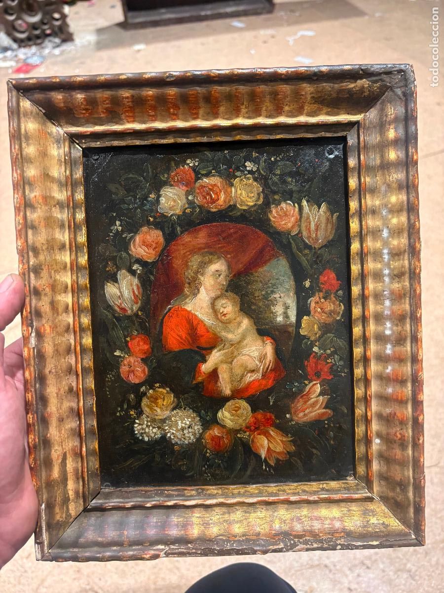 Arte: Pintura flamenca Virgen con ni&ntilde;o cuadro con marco siglo xvii sobre cobre pintada al &oacute;leo