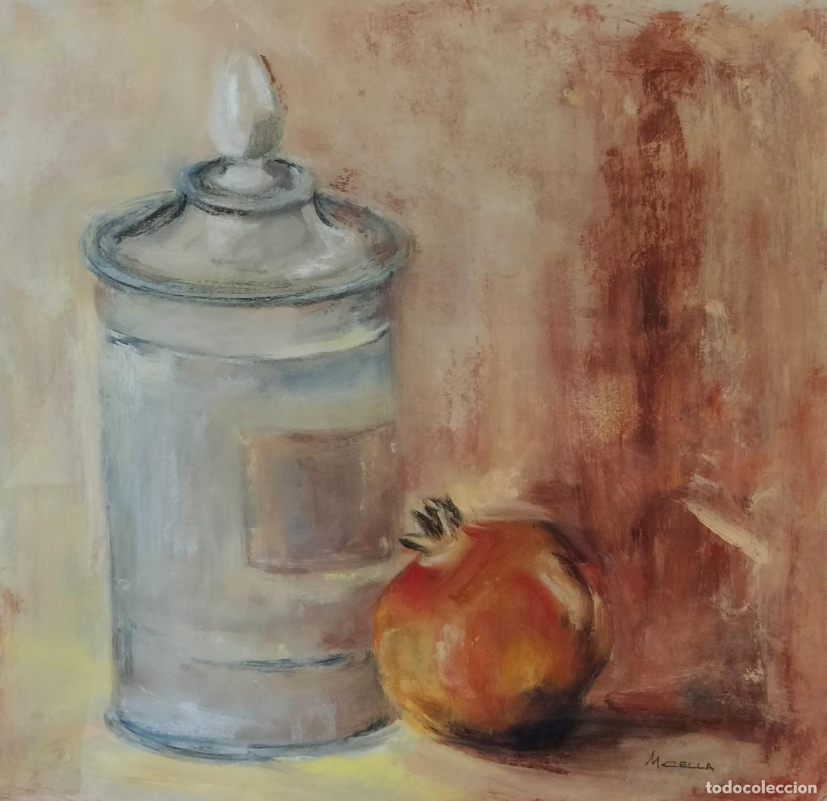 Kunst: BODEG&Oacute;N CON TARRO Y CAQUI. FIRMADO M. CELLA. &Oacute;LEO SOBRE PAPEL. ESPA&Ntilde;A. SIGLO XX.